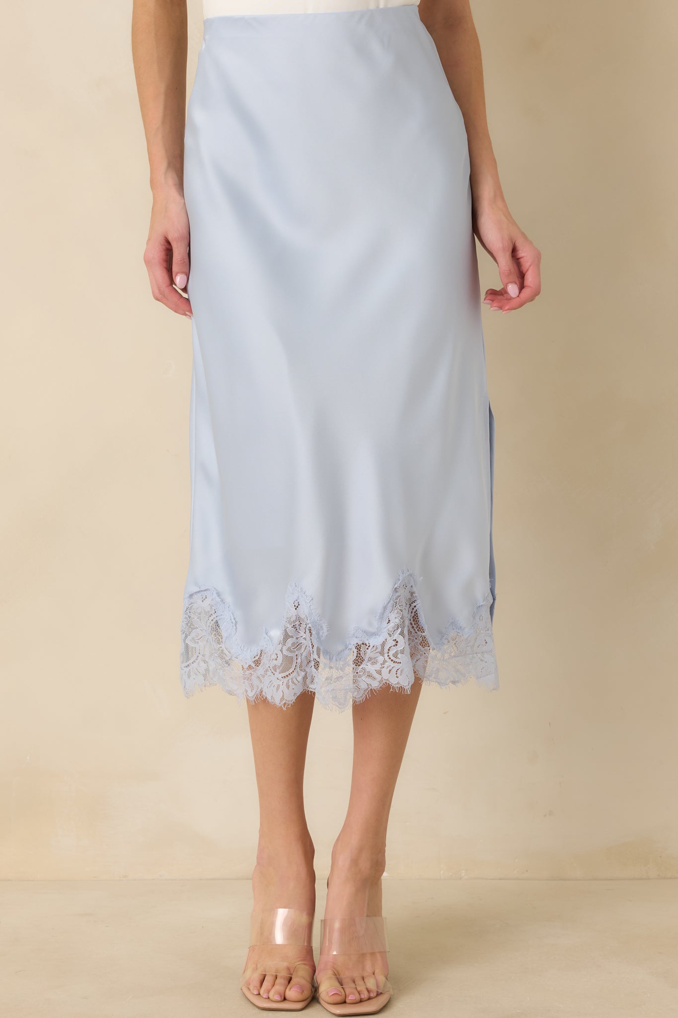 Women's Just Call Me Later Powder Blue Satin Lace Trim Midi Skirt | 100% Polyester 2
