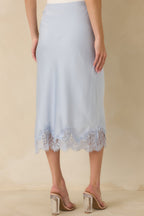 Women's Just Call Me Later Powder Blue Satin Lace Trim Midi Skirt | 100% Polyester 5