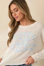 Women's Just Swimmingly Ivory Knit Fish Embroidered Sweater | 100% Acrylic 1
