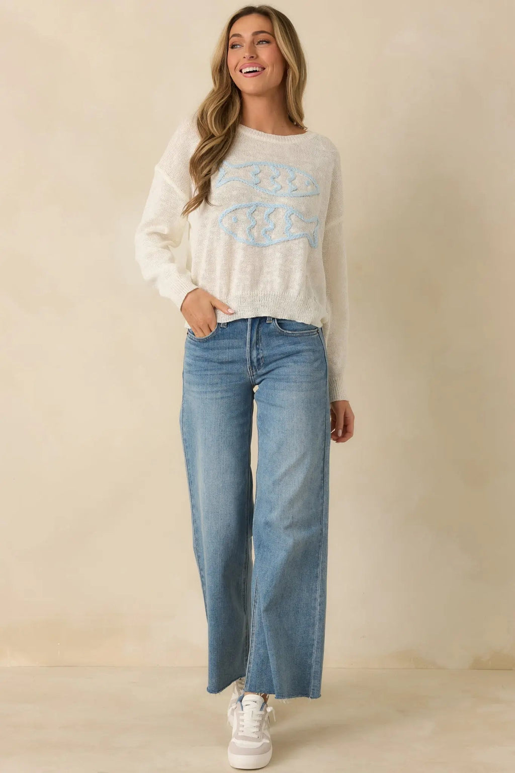 Women's Just Swimmingly Ivory Knit Fish Embroidered Sweater | 100% Acrylic 4