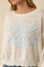 Women's Just Swimmingly Ivory Knit Fish Embroidered Sweater | 100% Acrylic 7