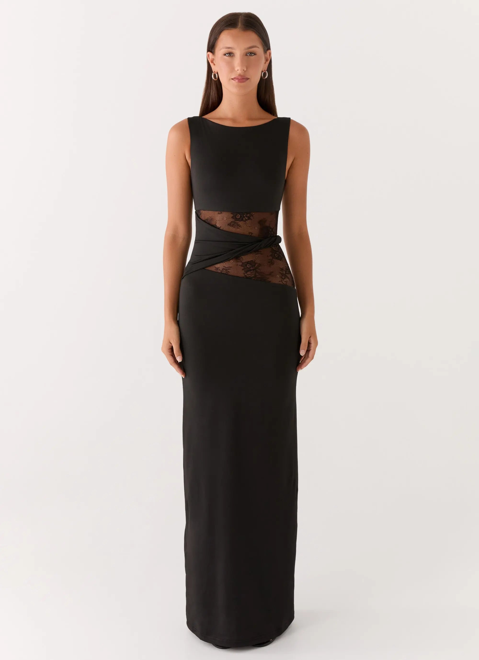 Karma Collection | Black Maxi Dress with Semi-Sheer Lace Waist | Elegant Long Dress for Glamorous Evenings - Women's 0