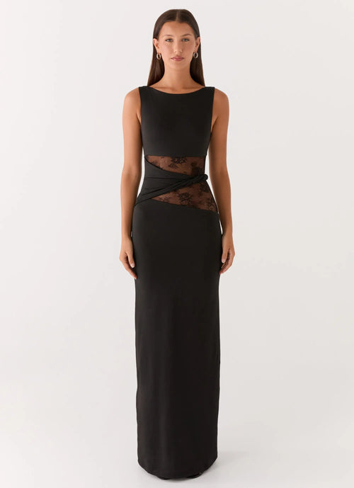 Karma Collection | Black Maxi Dress with Semi-Sheer Lace Waist | Elegant Long Dress for Glamorous Evenings - Women's 0