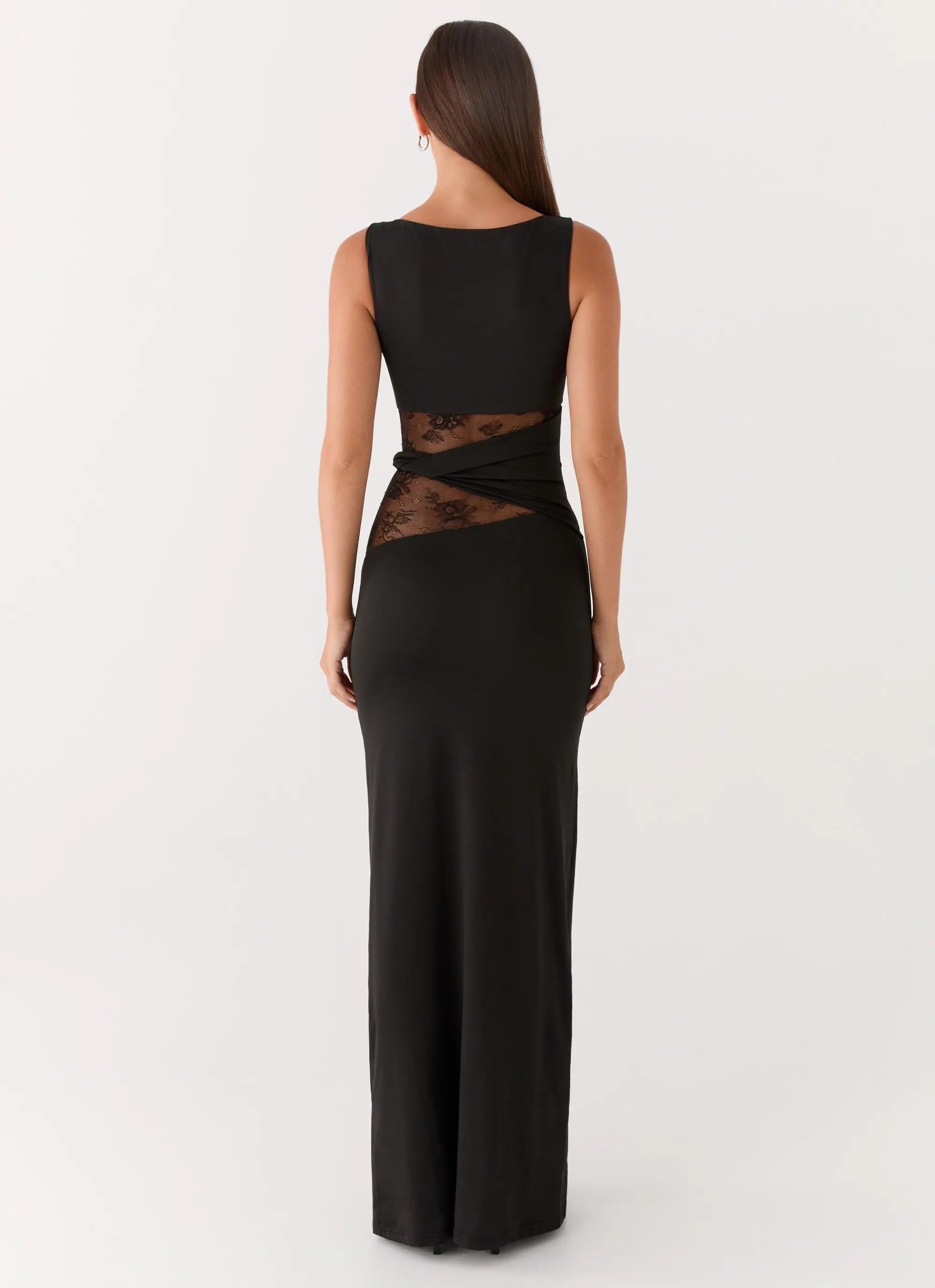 Karma Collection | Black Maxi Dress with Semi-Sheer Lace Waist | Elegant Long Dress for Glamorous Evenings - Women's 1