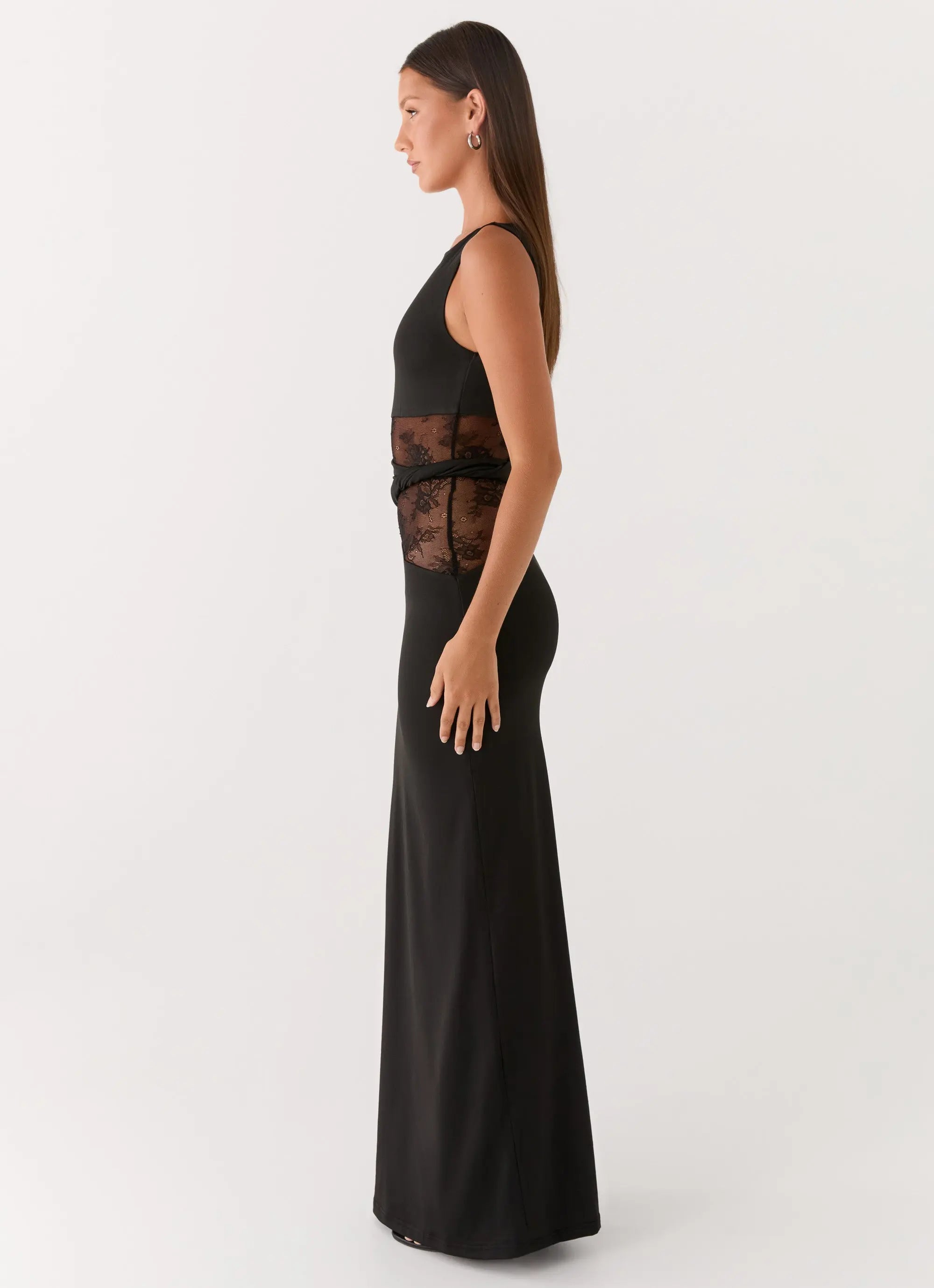 Karma Collection | Black Maxi Dress with Semi-Sheer Lace Waist | Elegant Long Dress for Glamorous Evenings - Women's 2