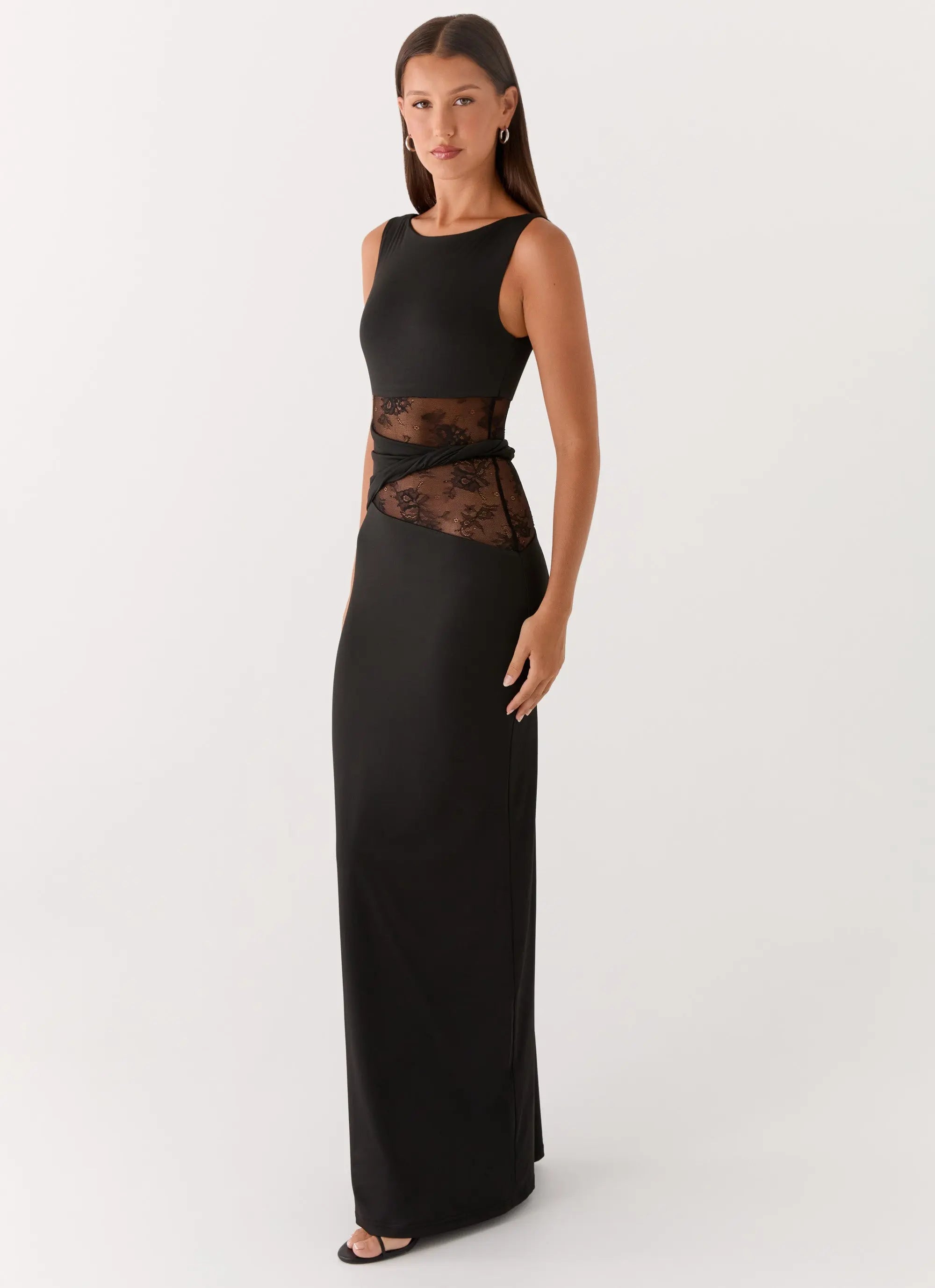 Karma Collection | Black Maxi Dress with Semi-Sheer Lace Waist | Elegant Long Dress for Glamorous Evenings - Women's 3