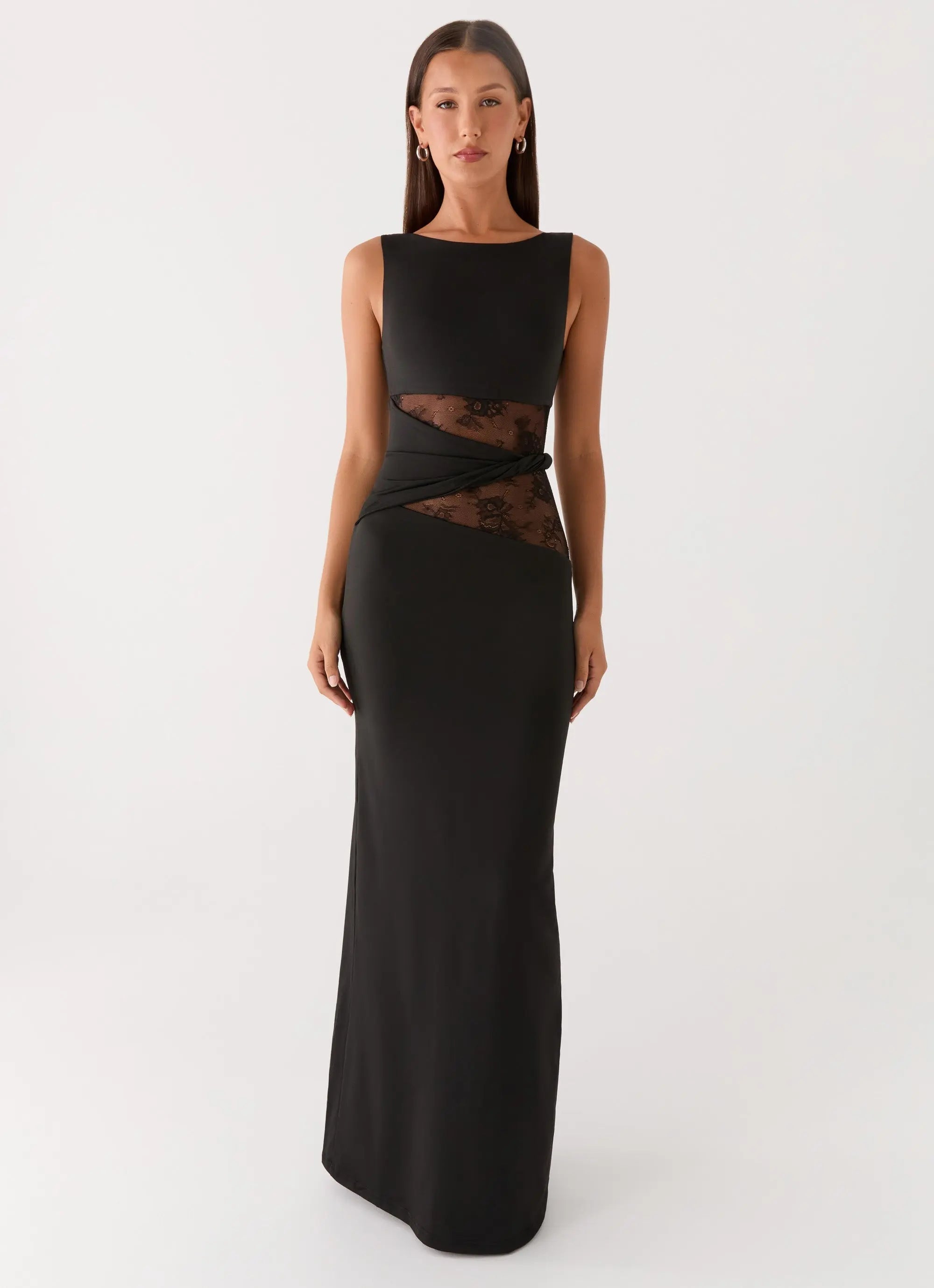 Karma Collection | Black Maxi Dress with Semi-Sheer Lace Waist | Elegant Long Dress for Glamorous Evenings - Women's 4