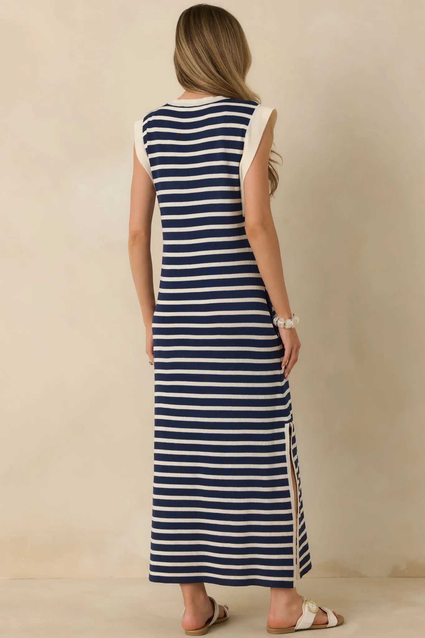 Women's Keep It Straight Navy Stripe Stretch Knit Maxi Dress | 100% Polyester 6