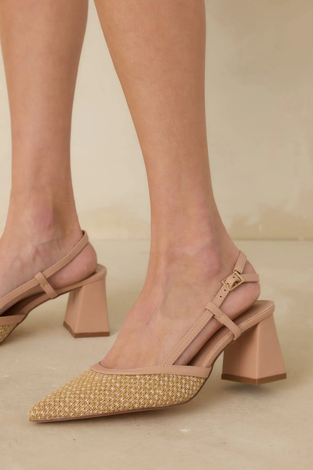 Women's Keeping It Real Beige Woven Pointed-Toe Slingback Heels | Heel measures 2.75" 0