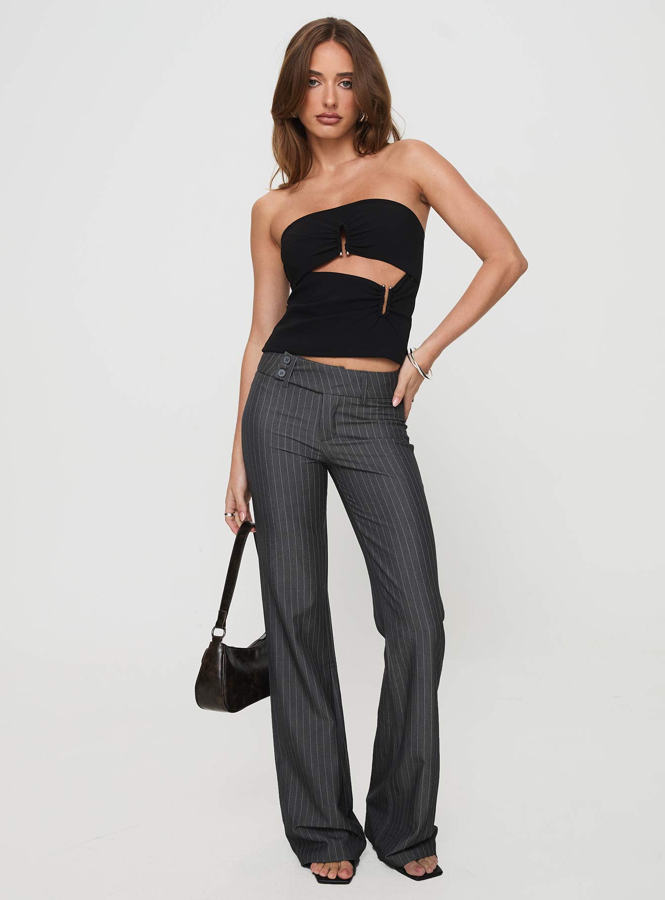Women's Kinkirk Flared Pants Grey Pinstripe Petite | Princess Polly Petite 2