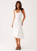 Klyne Collection | White Midi Dress with Flare Skirt & Low Back | Stylish Comfort for Any Occasion