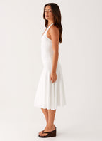 Klyne Collection | White Midi Dress with Flare Skirt & Low Back | Stylish Comfort for Any Occasion