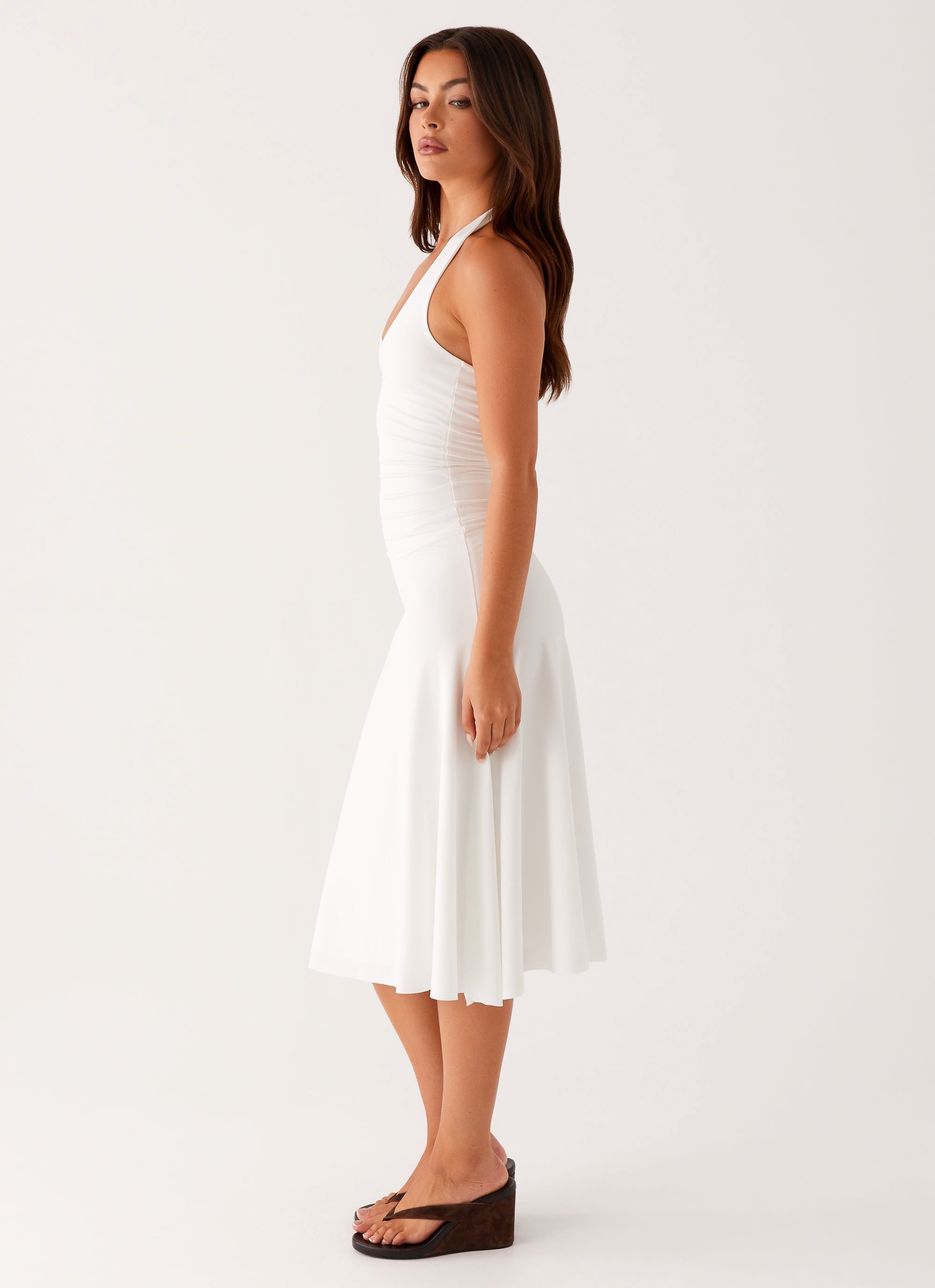 Klyne Collection | White Midi Dress with Flare Skirt & Low Back | Stylish Comfort for Any Occasion