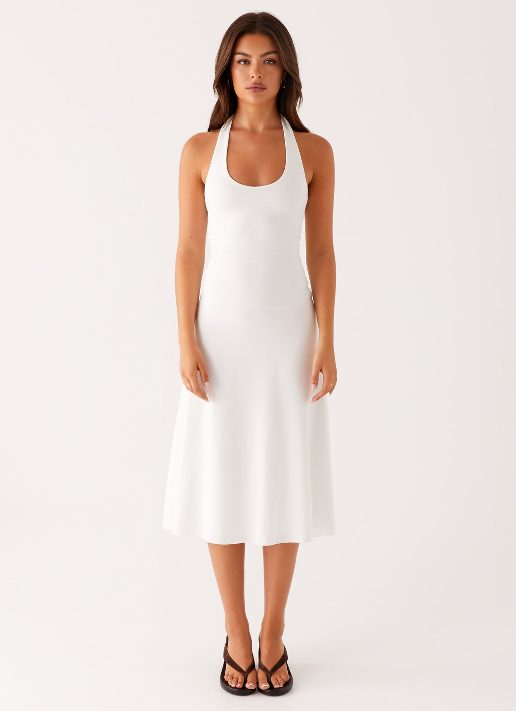 Klyne Collection | White Midi Dress with Flare Skirt & Low Back | Stylish Comfort for Any Occasion