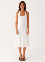 Klyne Collection | White Midi Dress with Flare Skirt & Low Back | Stylish Comfort for Any Occasion