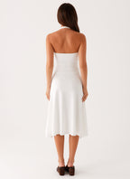 Klyne Collection | White Midi Dress with Flare Skirt & Low Back | Stylish Comfort for Any Occasion