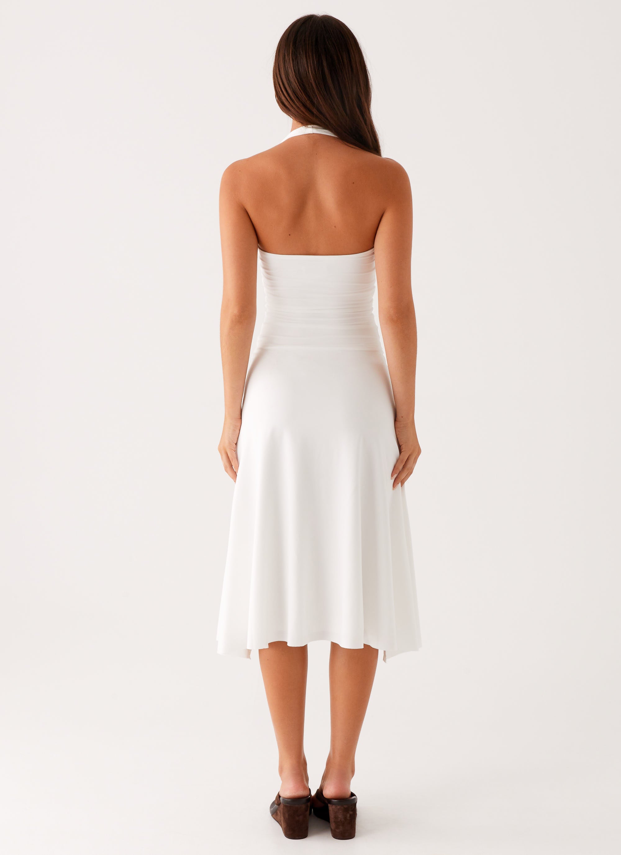 Klyne Collection | White Midi Dress with Flare Skirt & Low Back | Stylish Comfort for Any Occasion