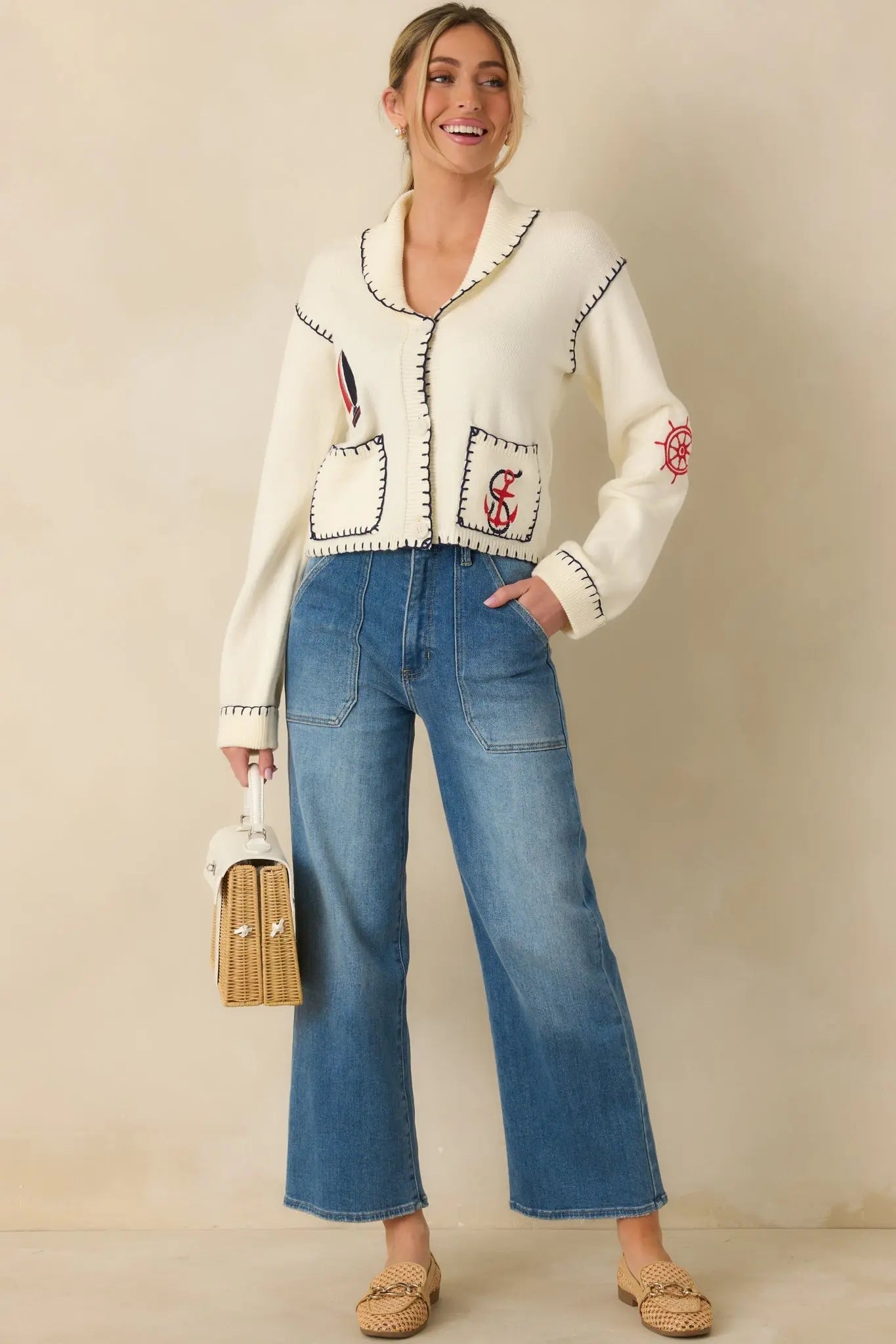 Women's Knot Your Average Ivory Multi Knit Contrast Stitch Cardigan Sweater | 72% Polyester & 28% Nylon 3