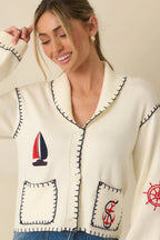 Women's Knot Your Average Ivory Multi Knit Contrast Stitch Cardigan Sweater | 72% Polyester & 28% Nylon 5