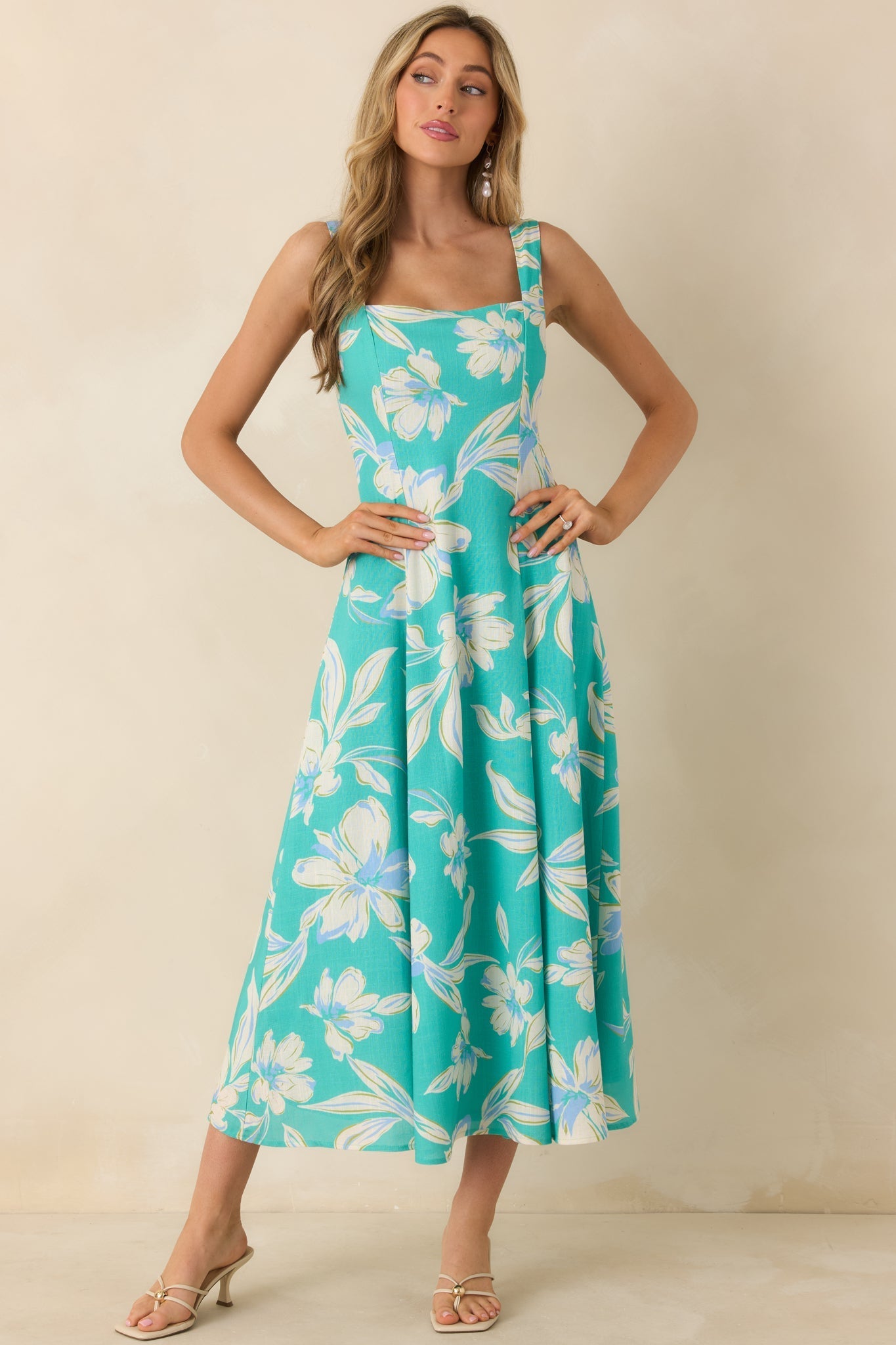 Women's Laguna Bloom Turquoise Multi Floral Sleeveless Midi Dress | 70% Rayon & 30% Linen 2