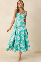 Women's Laguna Bloom Turquoise Multi Floral Sleeveless Midi Dress | 70% Rayon & 30% Linen 3
