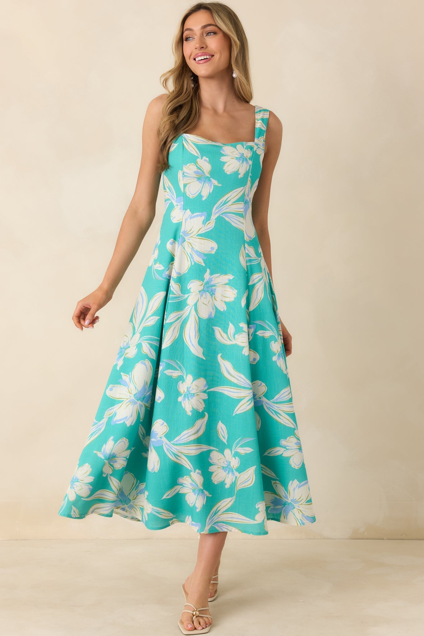 Women's Laguna Bloom Turquoise Multi Floral Sleeveless Midi Dress | 70% Rayon & 30% Linen 3
