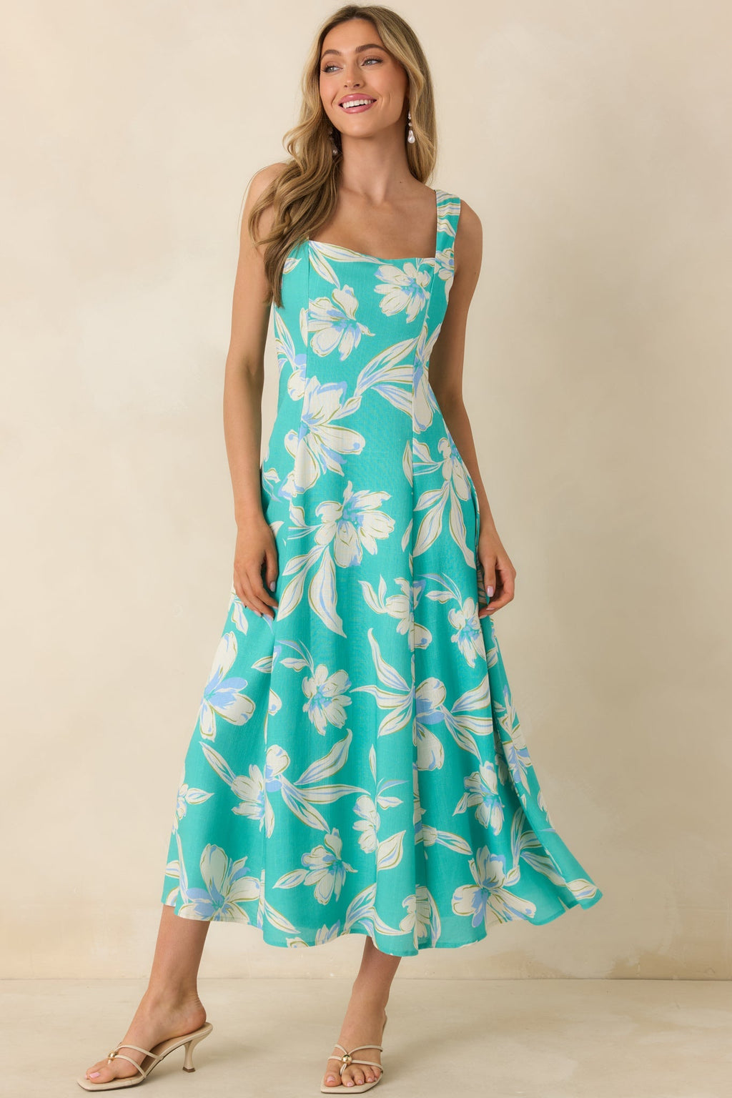 Women's Laguna Bloom Turquoise Multi Floral Sleeveless Midi Dress | 70% Rayon & 30% Linen 4