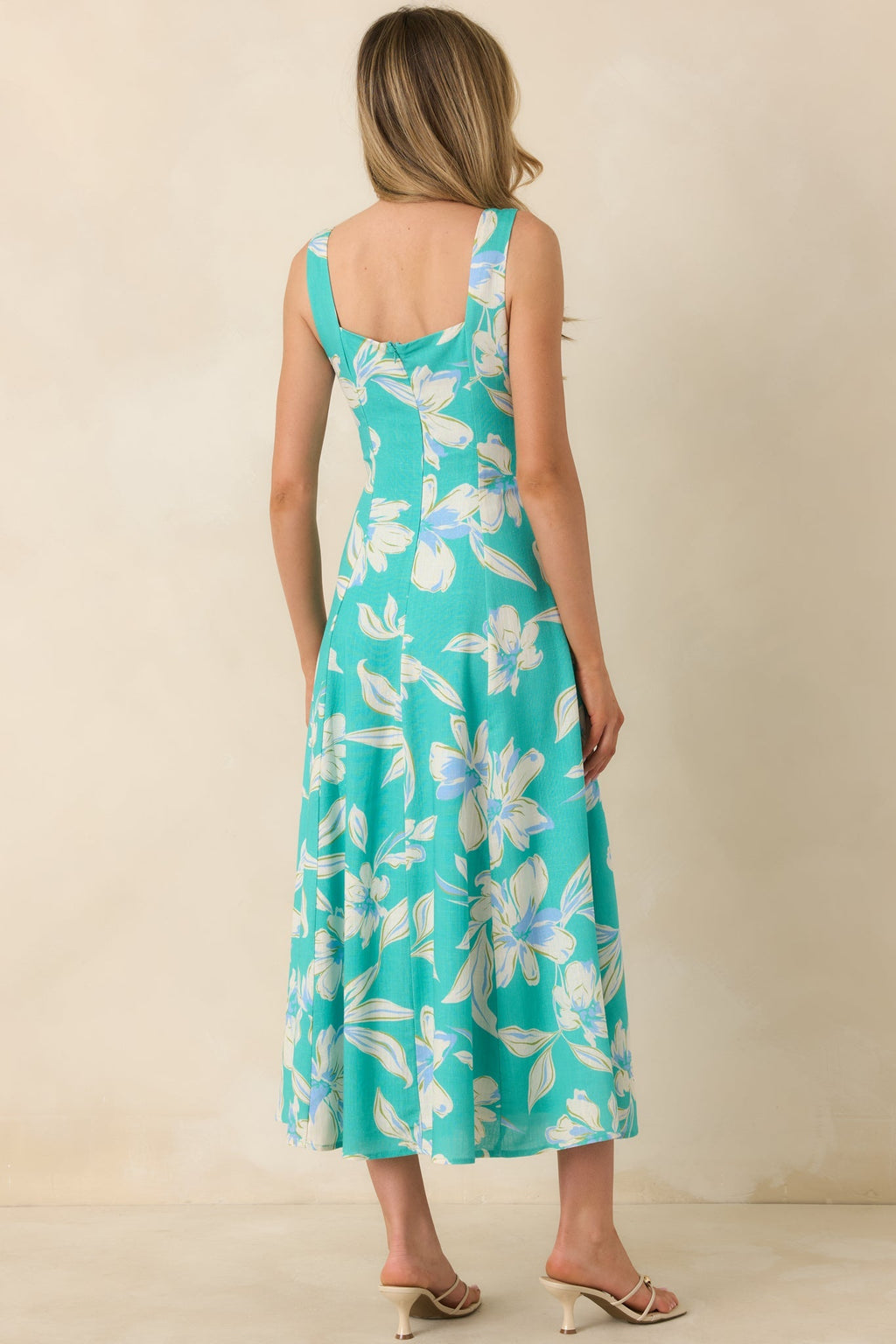 Women's Laguna Bloom Turquoise Multi Floral Sleeveless Midi Dress | 70% Rayon & 30% Linen 5