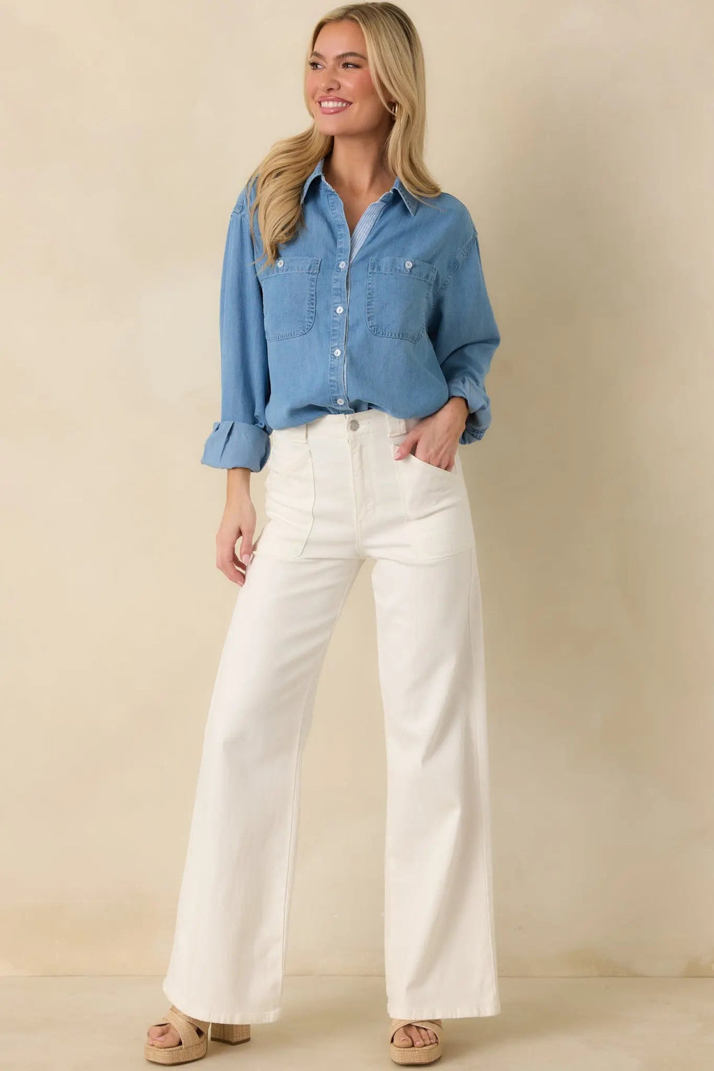 Women's Laid Back Luxe Medium Wash Denim Button-Up Shirt | 100% Tencel 0