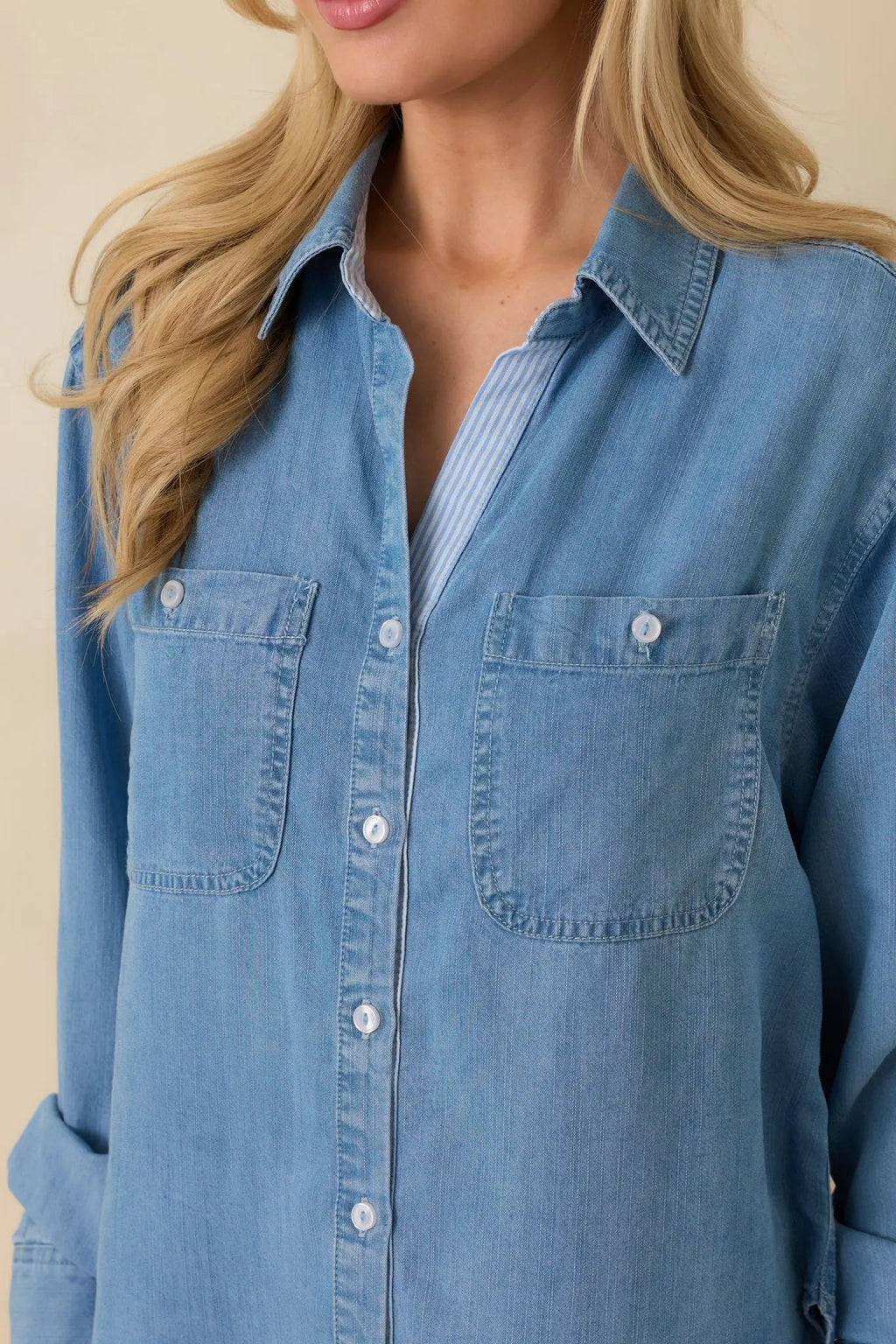 Women's Laid Back Luxe Medium Wash Denim Button-Up Shirt | 100% Tencel 5