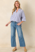 Women's Leading Lines Blue Stripe Collared V-Neck Blouse | 75% Cotton & 25% Polyester 0