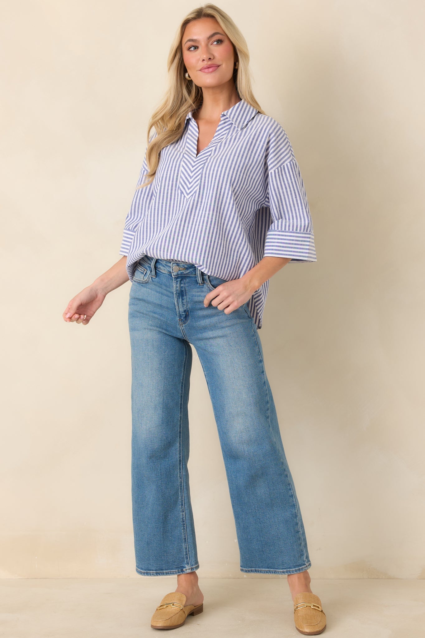 Women's Leading Lines Blue Stripe Collared V-Neck Blouse | 75% Cotton & 25% Polyester 0