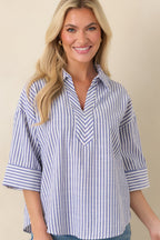 Women's Leading Lines Blue Stripe Collared V-Neck Blouse | 75% Cotton & 25% Polyester 1