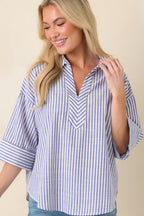 Women's Leading Lines Blue Stripe Collared V-Neck Blouse | 75% Cotton & 25% Polyester 3