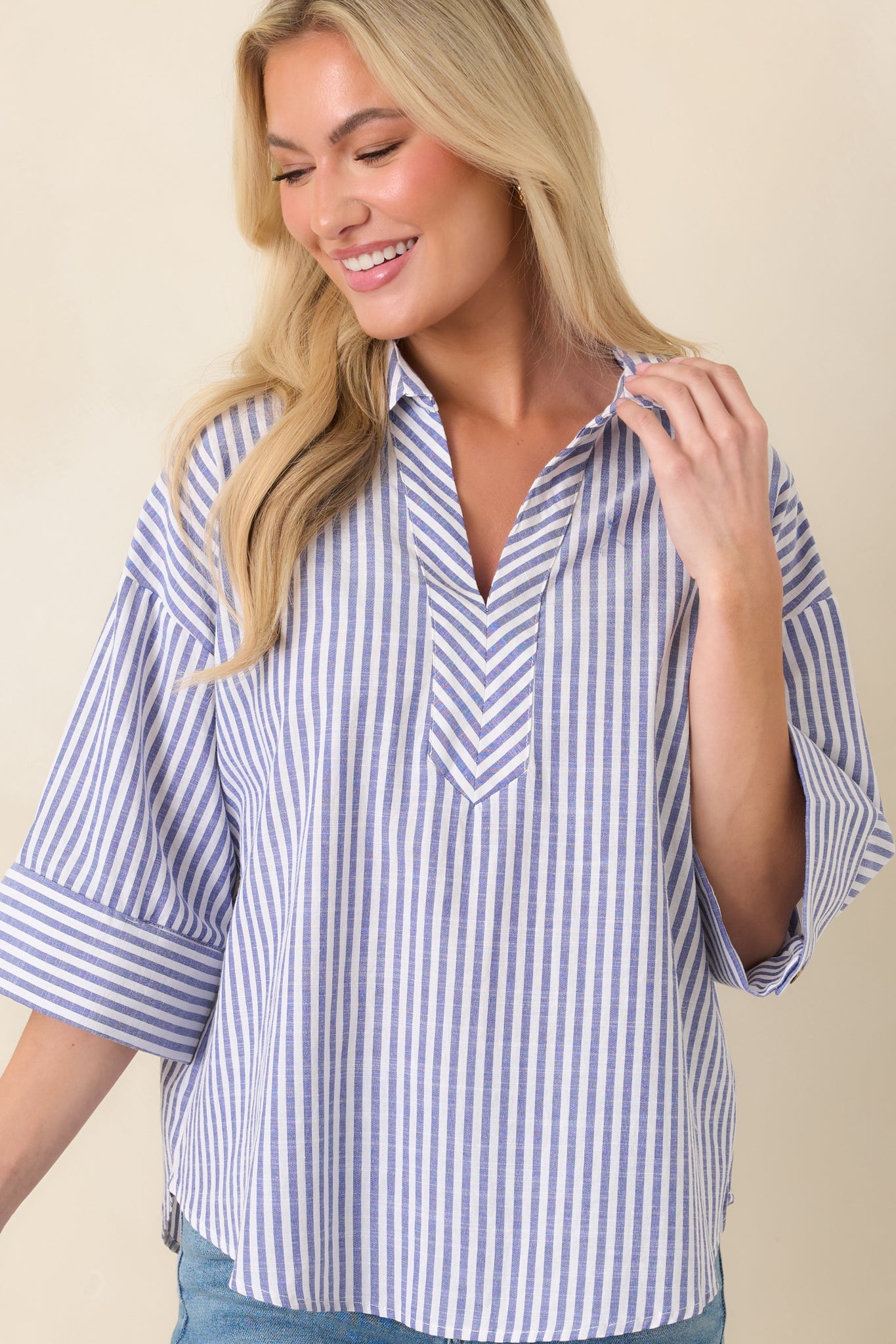 Women's Leading Lines Blue Stripe Collared V-Neck Blouse | 75% Cotton & 25% Polyester 3