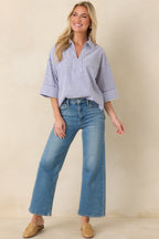 Women's Leading Lines Blue Stripe Collared V-Neck Blouse | 75% Cotton & 25% Polyester 6