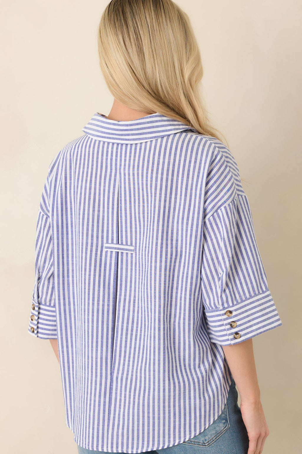 Women's Leading Lines Blue Stripe Collared V-Neck Blouse | 75% Cotton & 25% Polyester 7