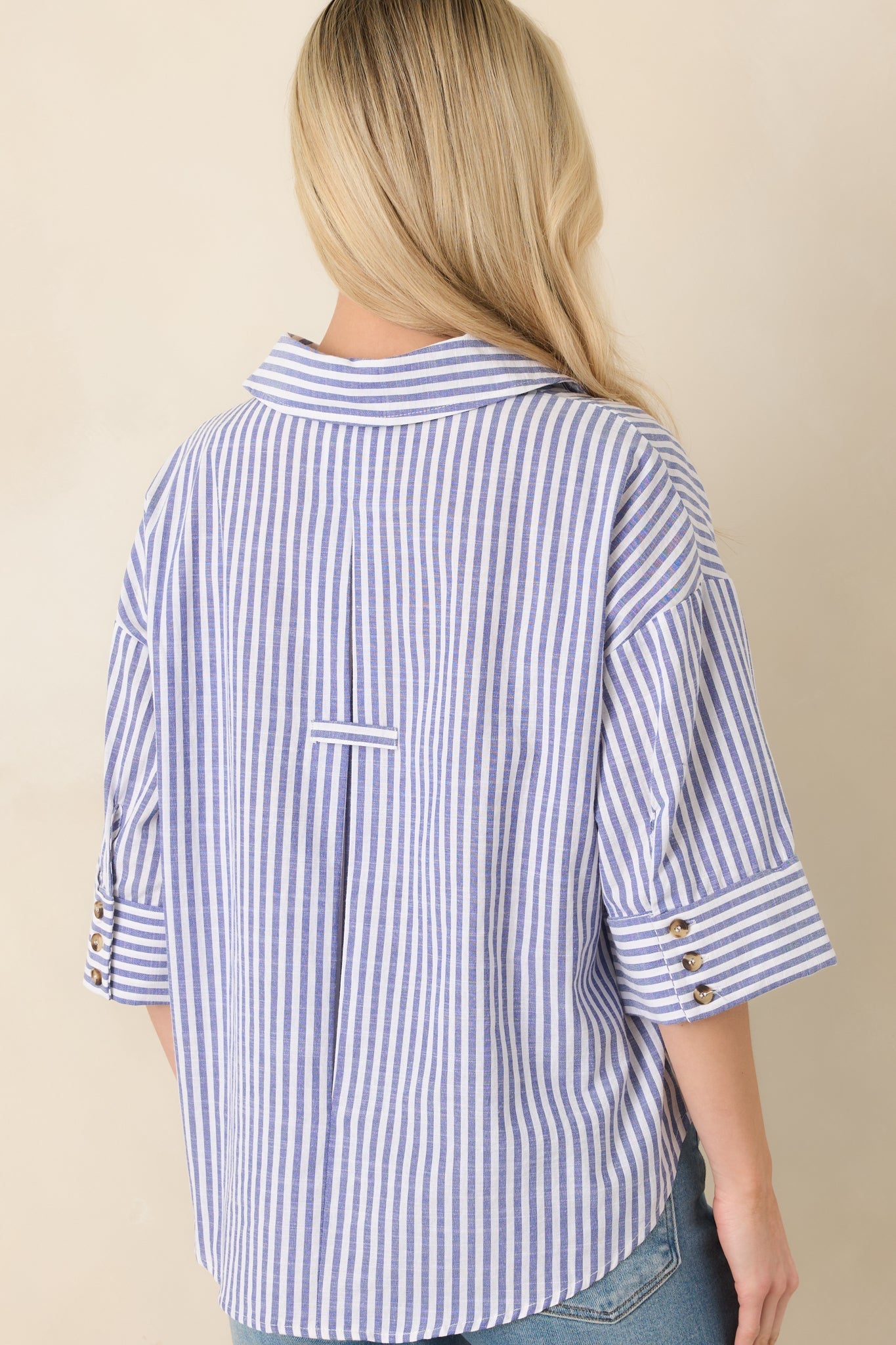 Women's Leading Lines Blue Stripe Collared V-Neck Blouse | 75% Cotton & 25% Polyester 7