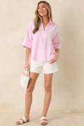 Women's Leading Lines Pink Stripe Collared V-Neck Blouse | 75% Cotton & 25% Polyester 0