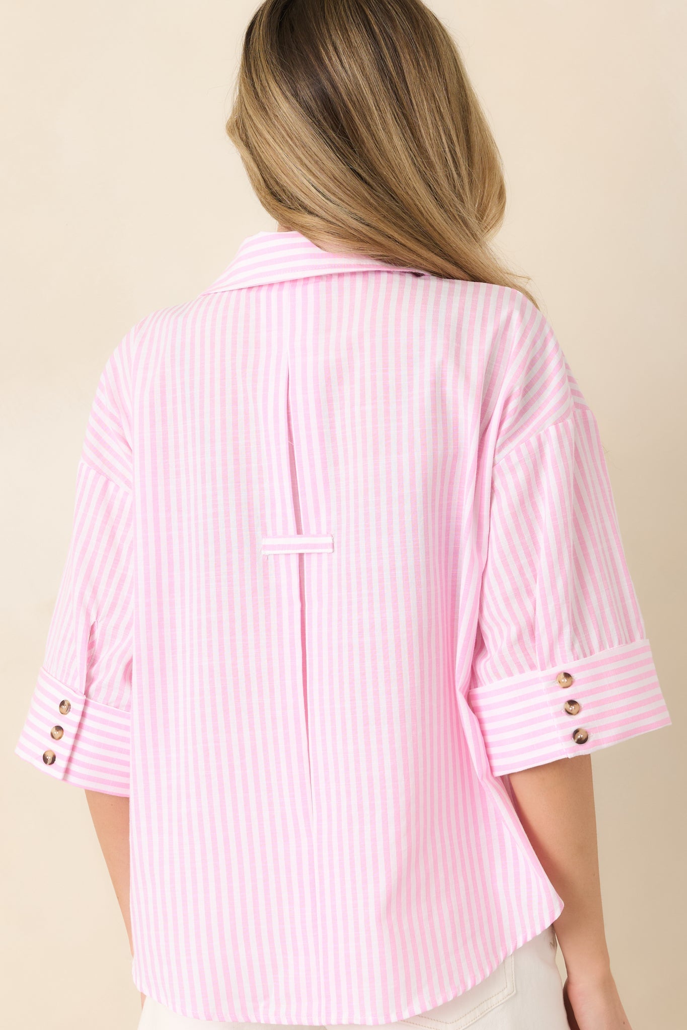 Women's Leading Lines Pink Stripe Collared V-Neck Blouse | 75% Cotton & 25% Polyester 7