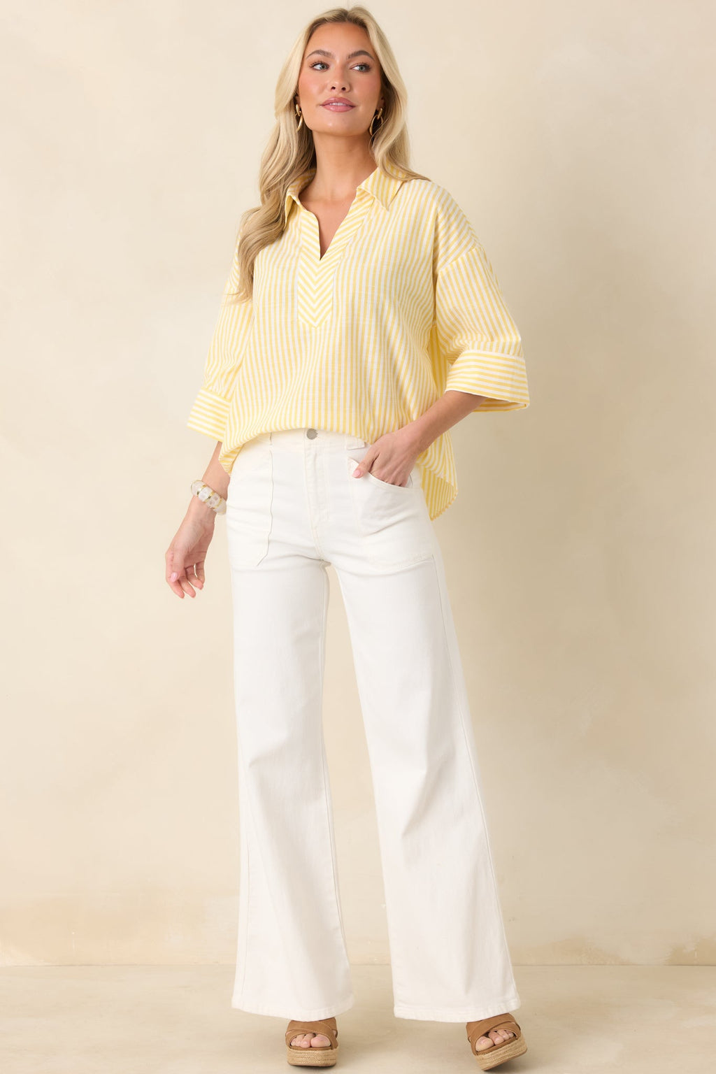 Women's Leading Lines Yellow Stripe Collared V-Neck Blouse | 75% Cotton & 25% Polyester 0