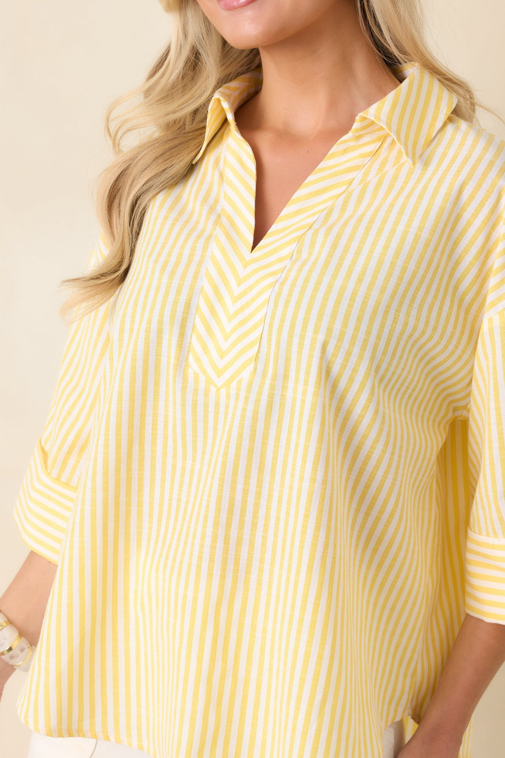 Women's Leading Lines Yellow Stripe Collared V-Neck Blouse | 75% Cotton & 25% Polyester 1