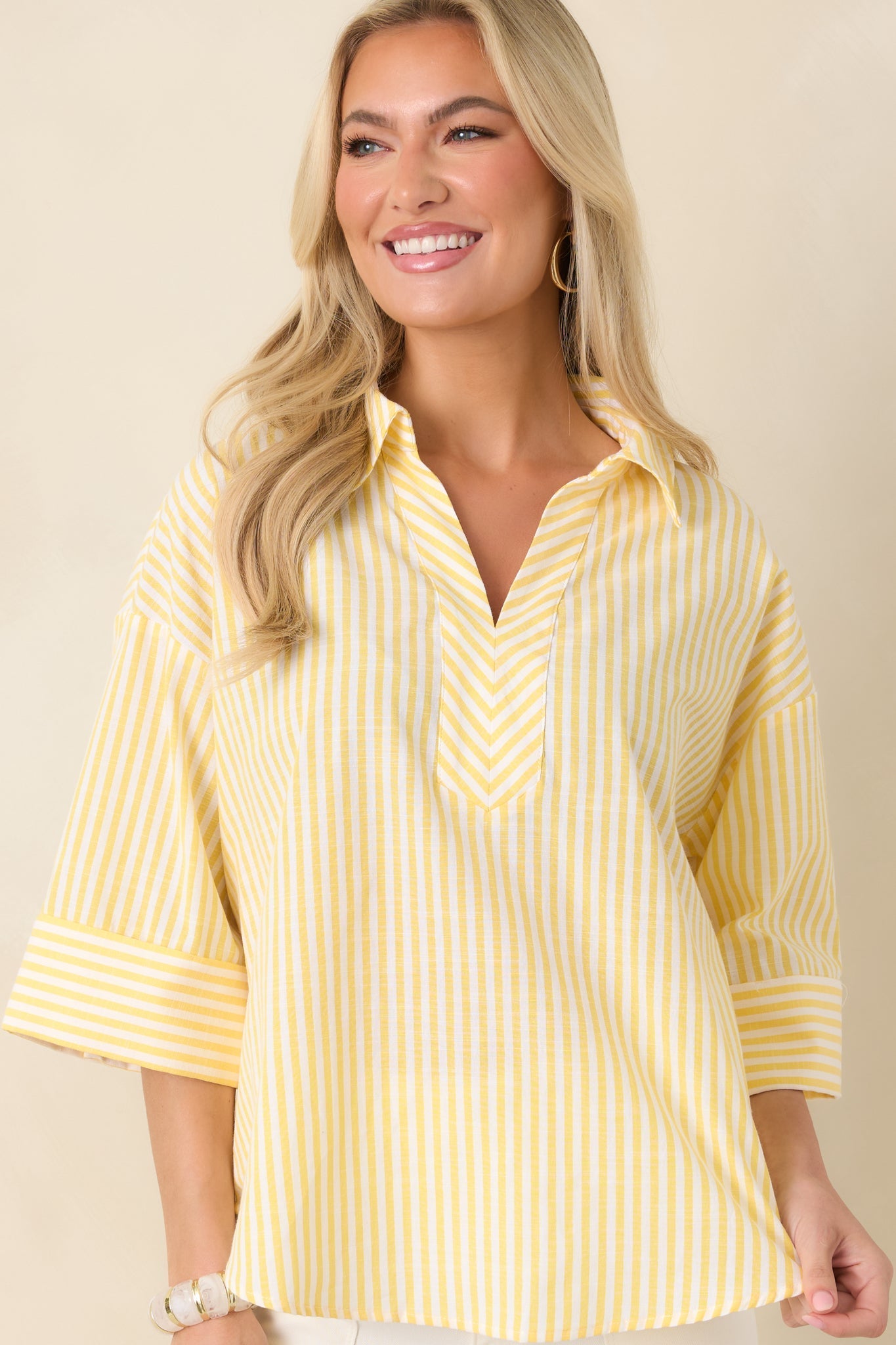 Women's Leading Lines Yellow Stripe Collared V-Neck Blouse | 75% Cotton & 25% Polyester 2