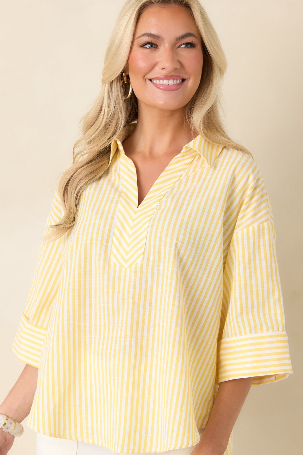 Women's Leading Lines Yellow Stripe Collared V-Neck Blouse | 75% Cotton & 25% Polyester 3