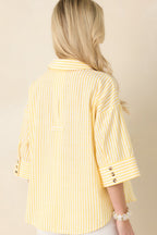 Women's Leading Lines Yellow Stripe Collared V-Neck Blouse | 75% Cotton & 25% Polyester 7
