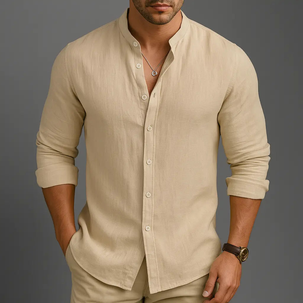 Leo |  Gossamer Linen Band Collar Shirt with Tonal Button Detail – Lightweight Elevated Essential 0