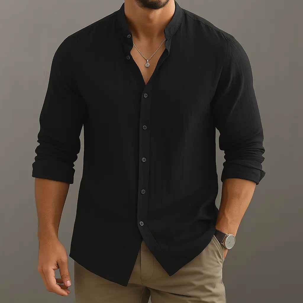 Leo |  Gossamer Linen Band Collar Shirt with Tonal Button Detail – Lightweight Elevated Essential 1