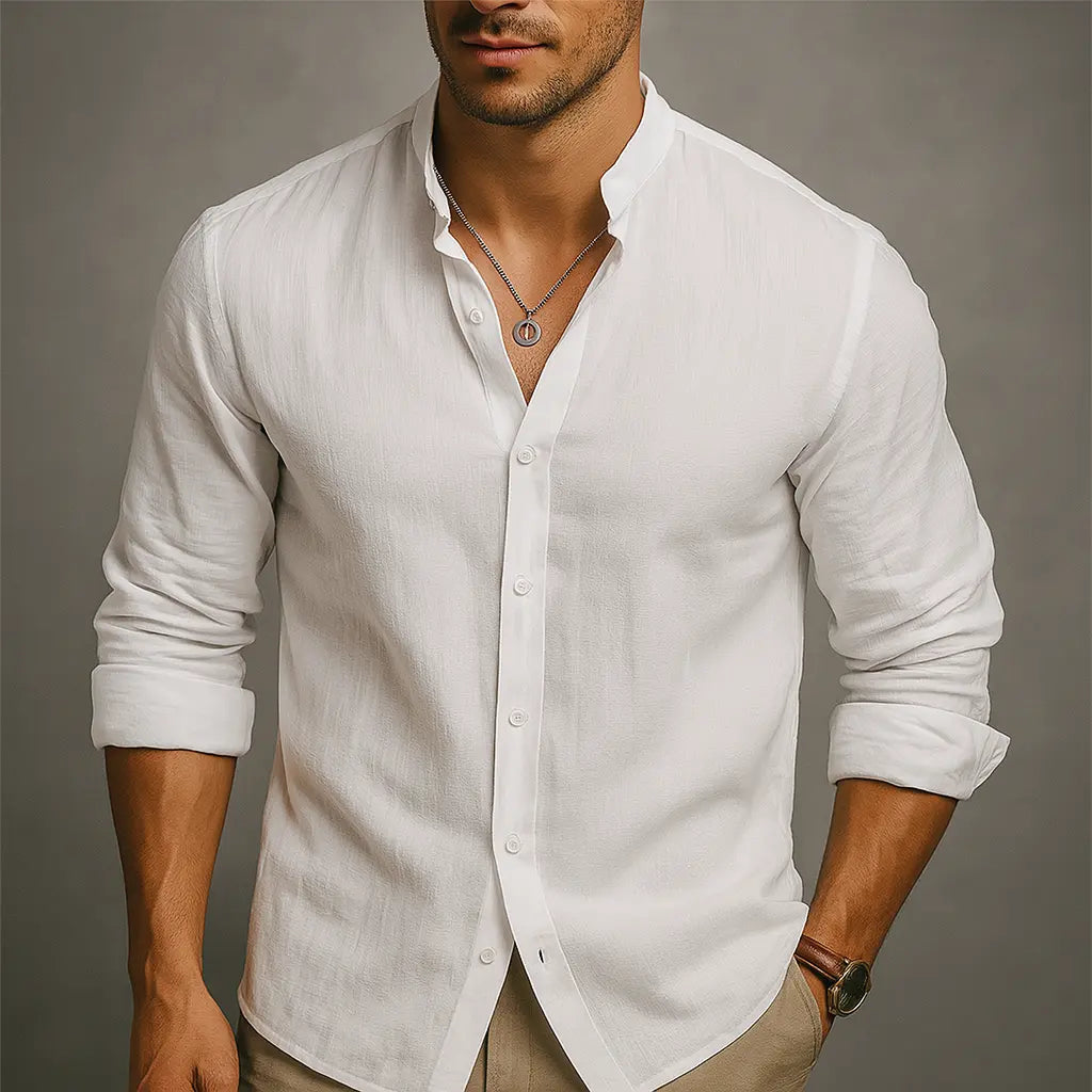 Leo |  Gossamer Linen Band Collar Shirt with Tonal Button Detail – Lightweight Elevated Essential 2