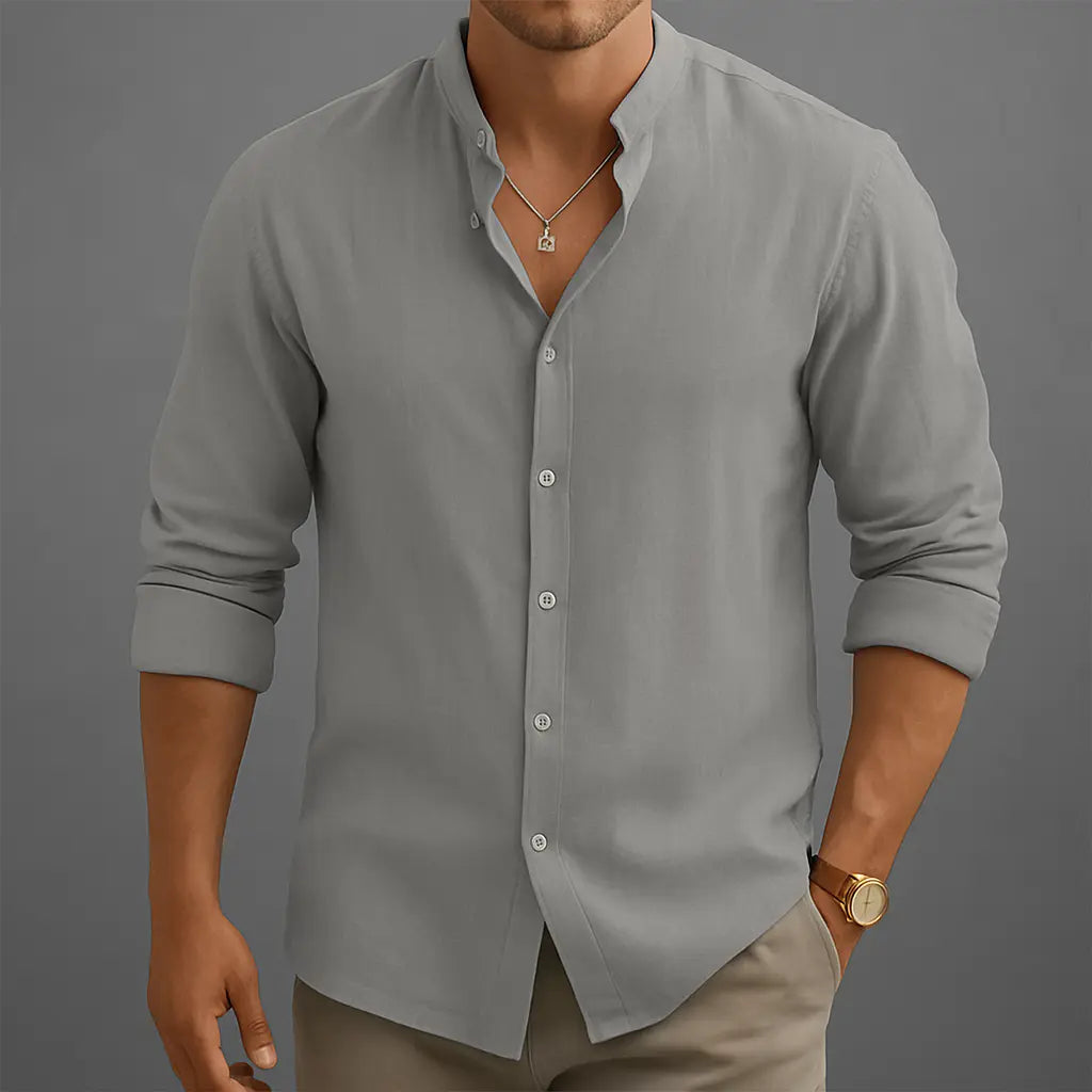 Leo |  Gossamer Linen Band Collar Shirt with Tonal Button Detail – Lightweight Elevated Essential 3
