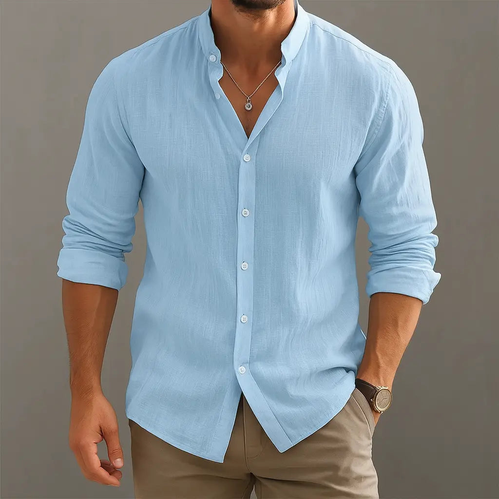 Leo |  Gossamer Linen Band Collar Shirt with Tonal Button Detail – Lightweight Elevated Essential 4